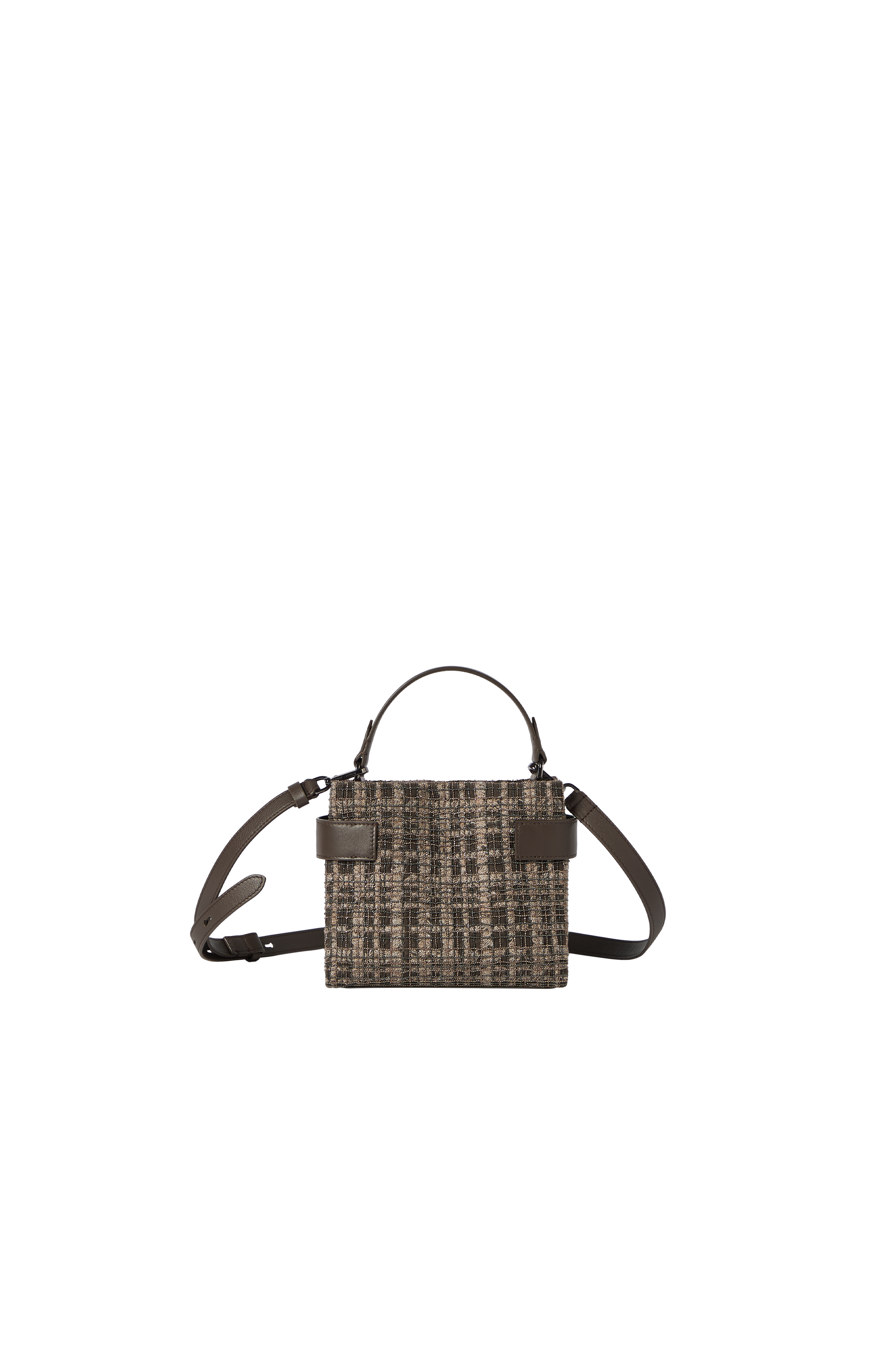 Essence small top-handle bag in suede with precious check embroidery, Alternate, color, Brown