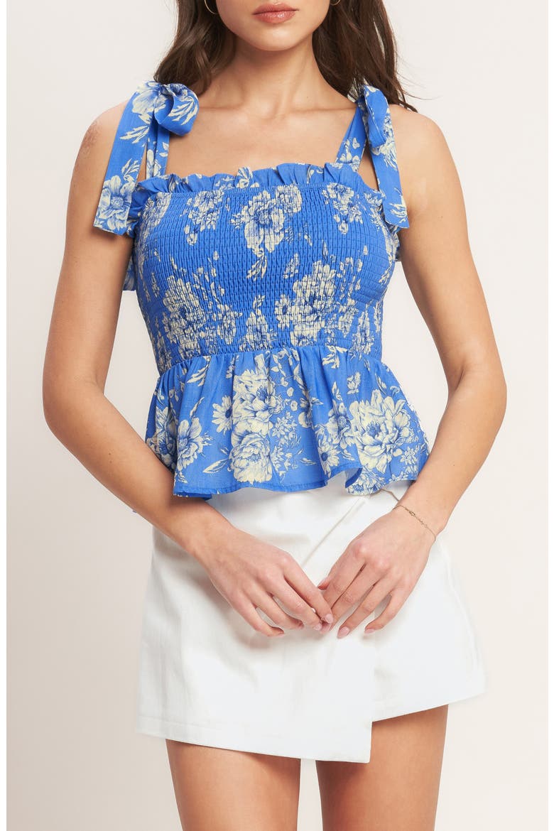 Floral Tie Strap Smocked Peplum Crop Top, Main, color, BLUE