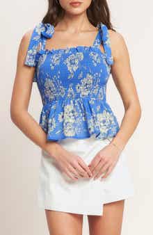 FLYING TOMATO Floral Tie Strap Smocked Peplum Crop Top