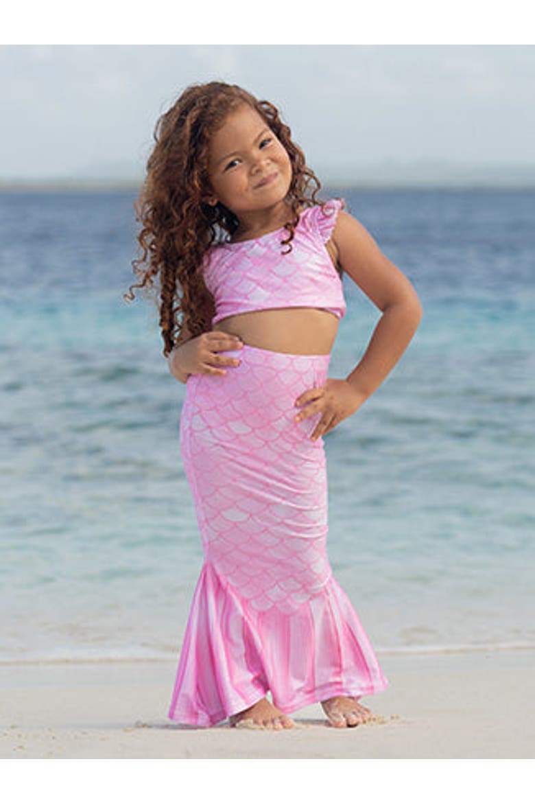 Girls UPF 50+ 3 Piece Mermaid Shell Swimsuit with Ruffle Shoulders, Alternate, color, Pixie Scales Pink