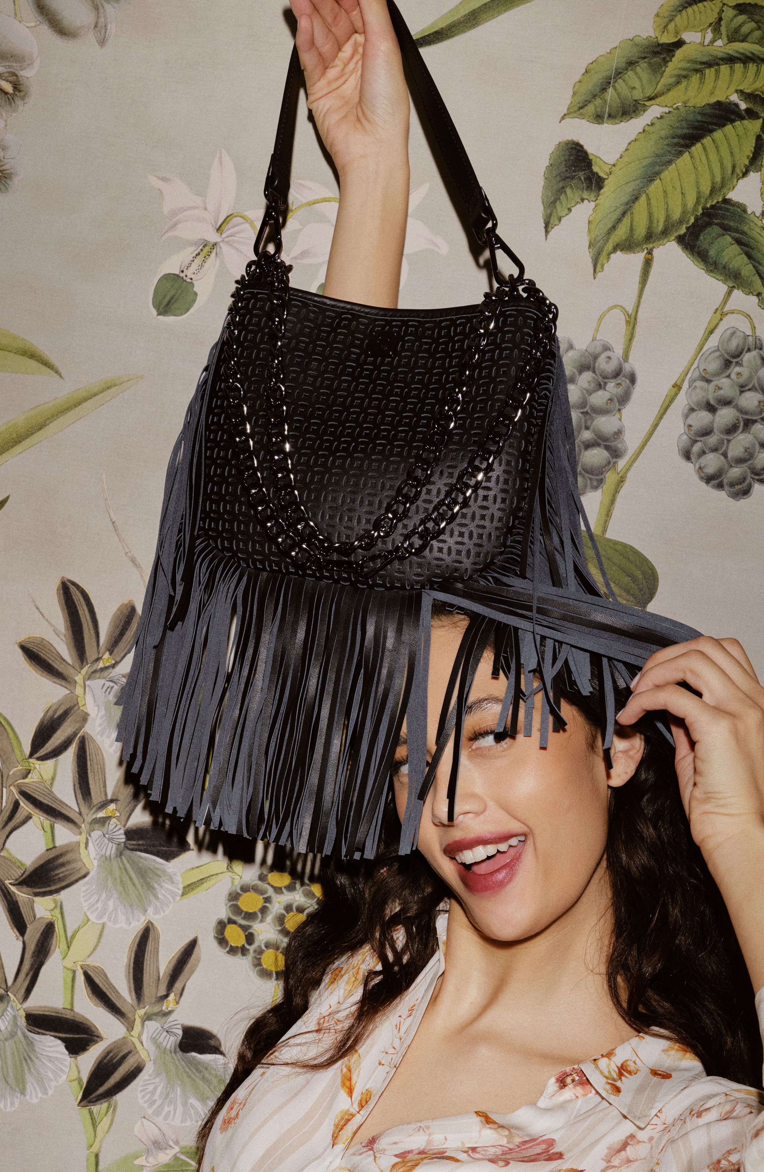 THINK ROYLN Free Spirit Fringe Saddle Bag, Alternate, color, Black Perforated Leather