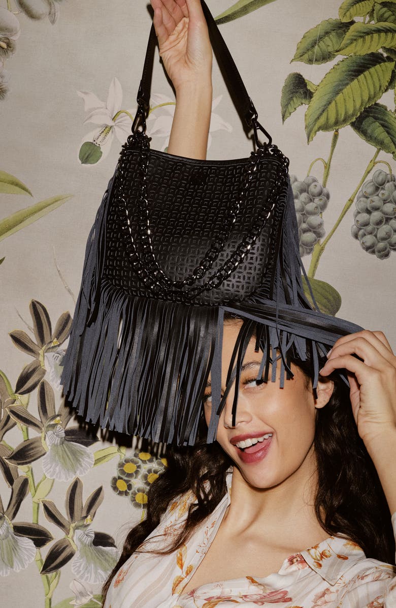 THINK ROYLN Free Spirit Fringe Saddle Bag, Alternate, color, Black Perforated Leather