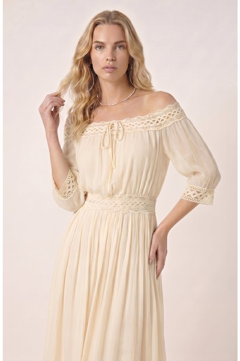Two Piece Off Shoulder Crochet Top and Maxi Skirt Set, Alternate, color, Beige