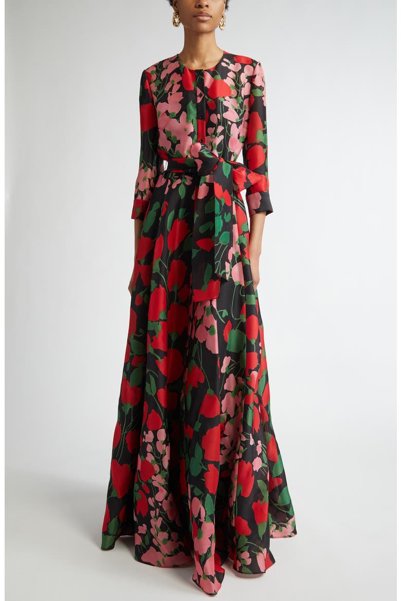 Floral Print Silk Gazar Trench Gown, Main, color, BLACK MULTI