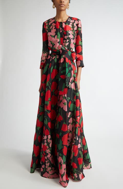 Floral Print Silk Gazar Trench Gown