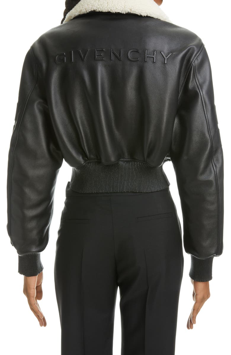 Givenchy 4G Logo Leather Crop Bomber Jacket with Genuine Shearling Collar, Alternate, color, 