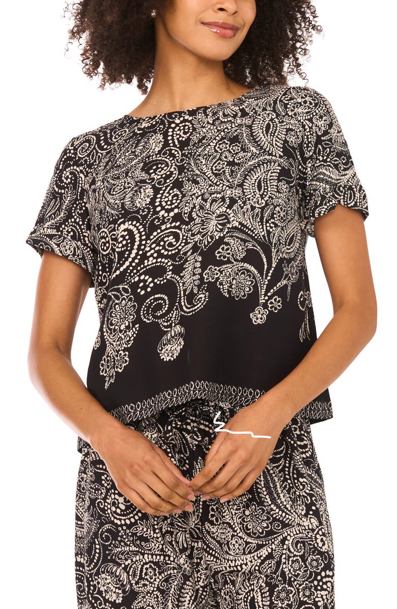 Vince Camuto Paisley Print Short Sleeve Top, Main, color, Rich Black