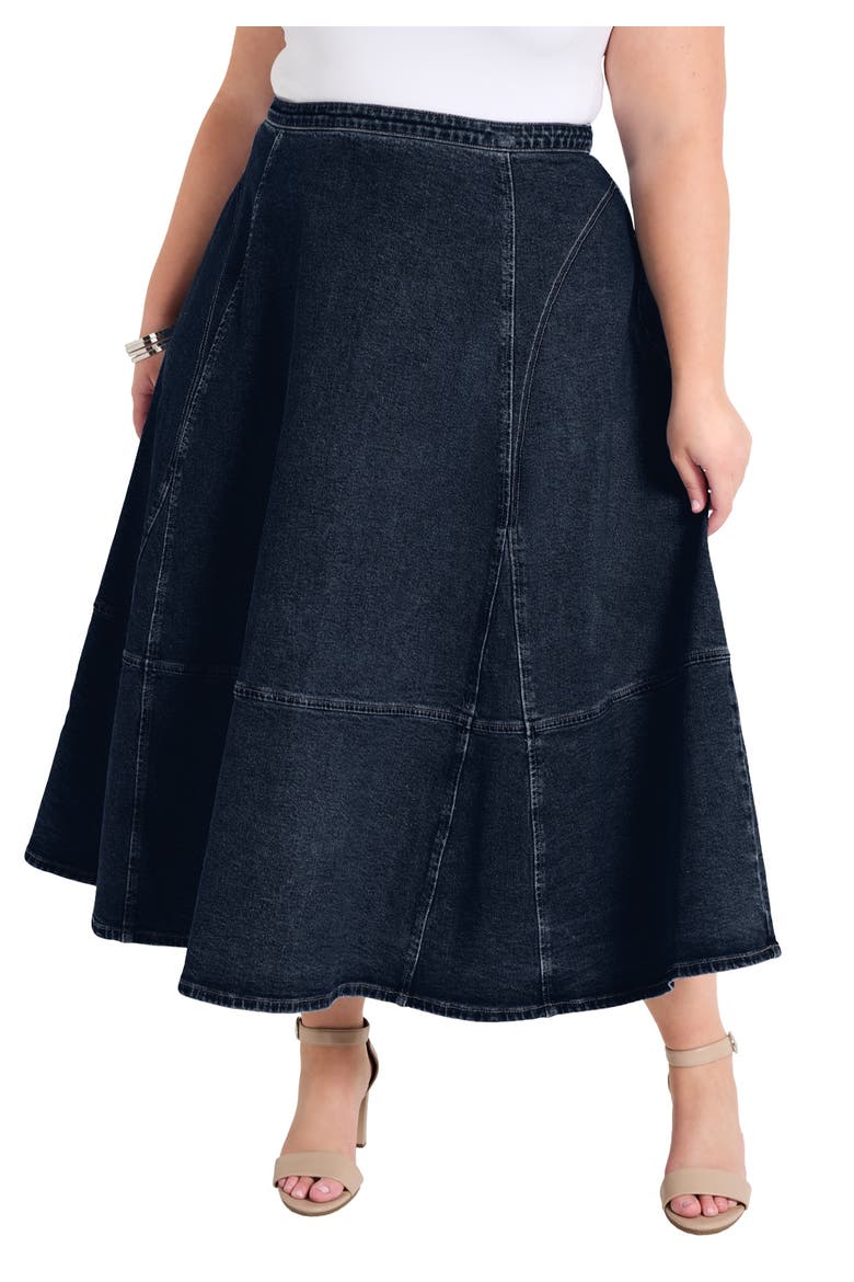 Fit-And-Flare Denim Midi Skirt, Main, color, DARK RINSE