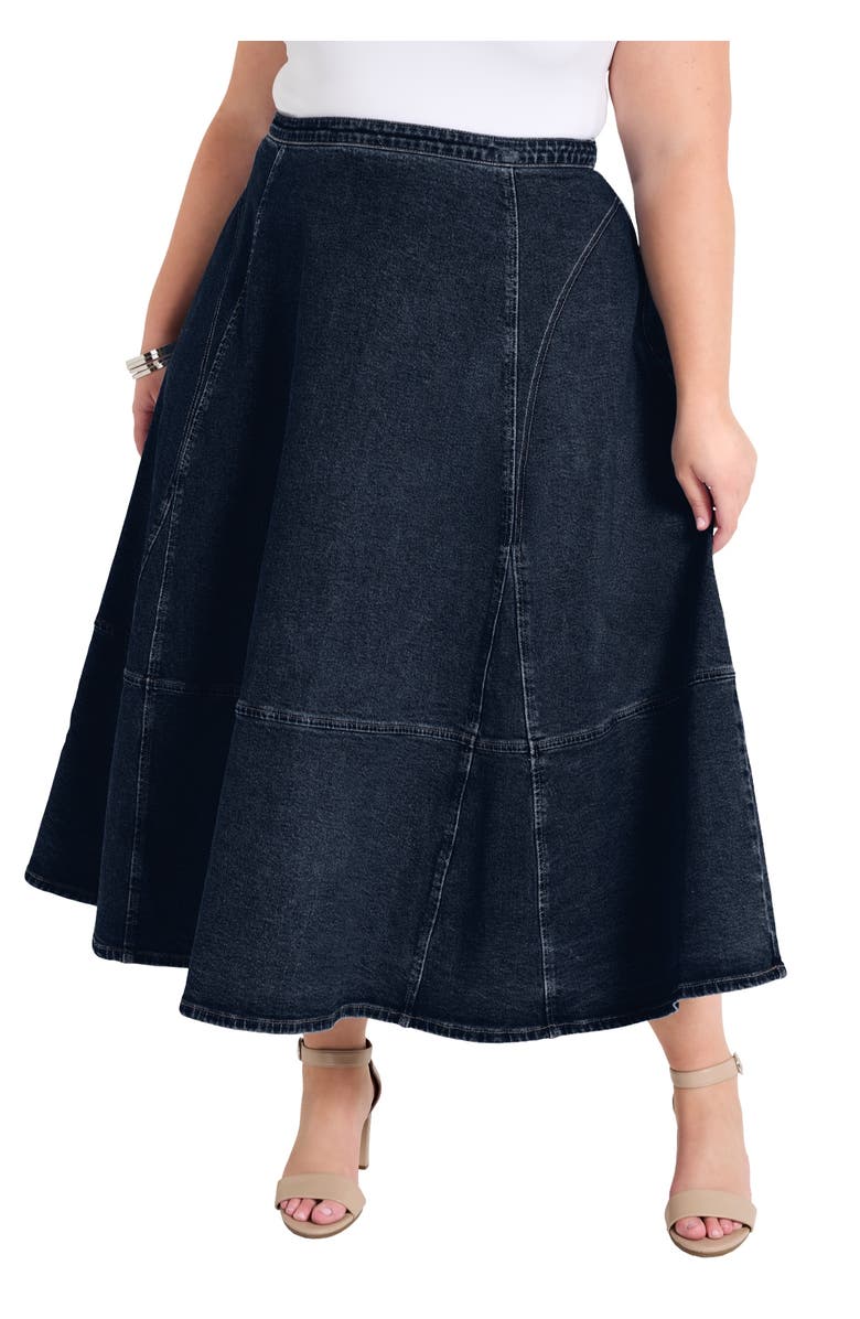June + Vie Fit-And-Flare Denim Midi Skirt, Main, color, Dark Rinse