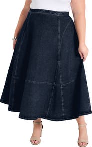 June + Vie Fit-And-Flare Denim Midi Skirt