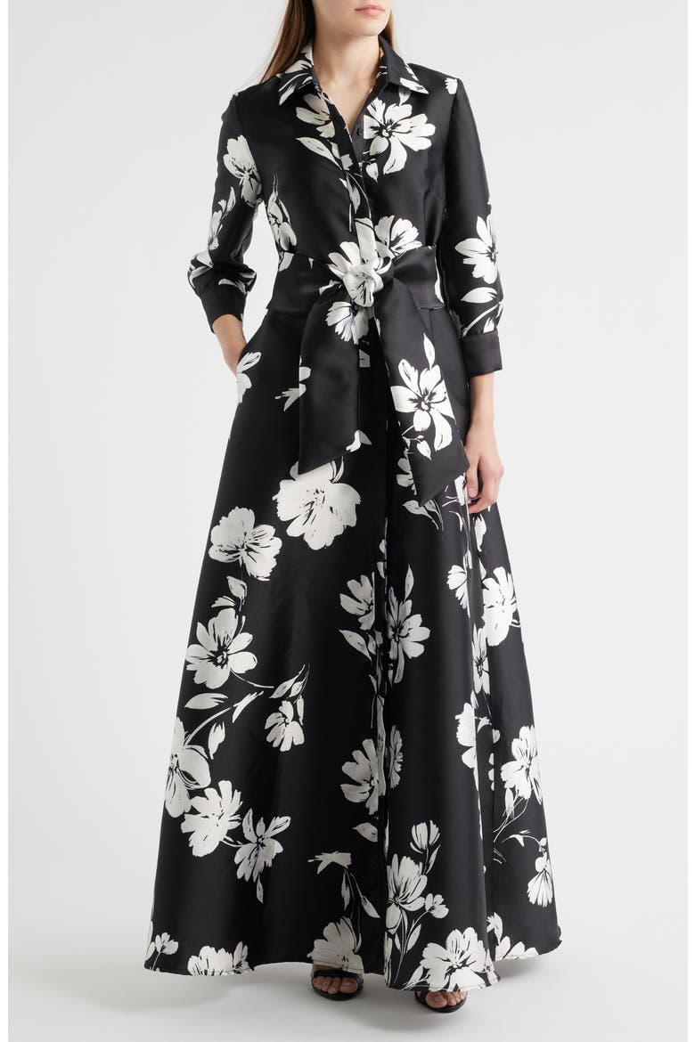 Floral Shirtdress Gown, Main, color, BLACK WHITE
