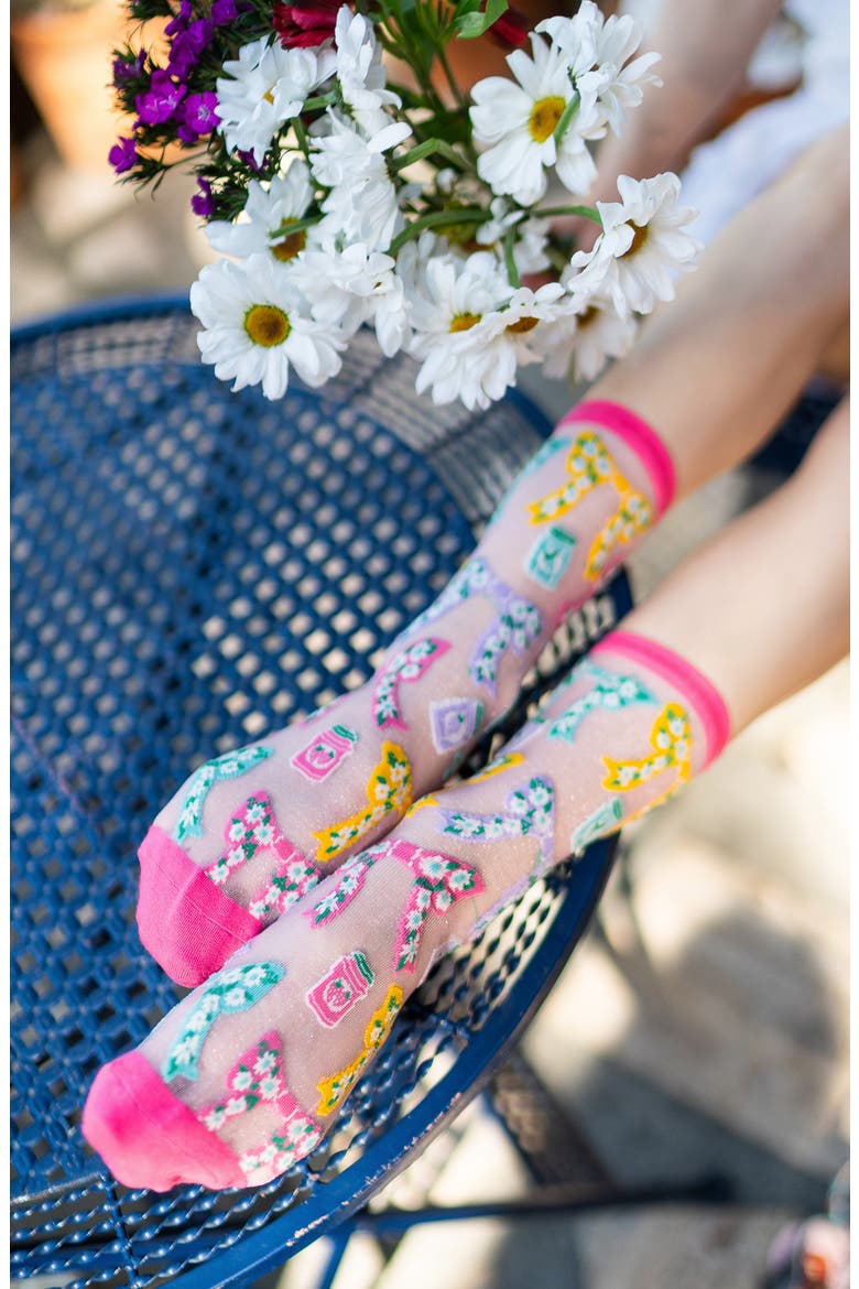 Petals & Preserves Metallic Sheer Crew Socks, Alternate, color, PINK/ MULTI