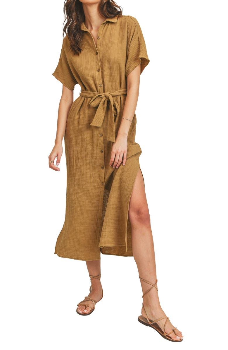 Lush Tie Waist Dolman Sleeve Shirtdress, Main, color,