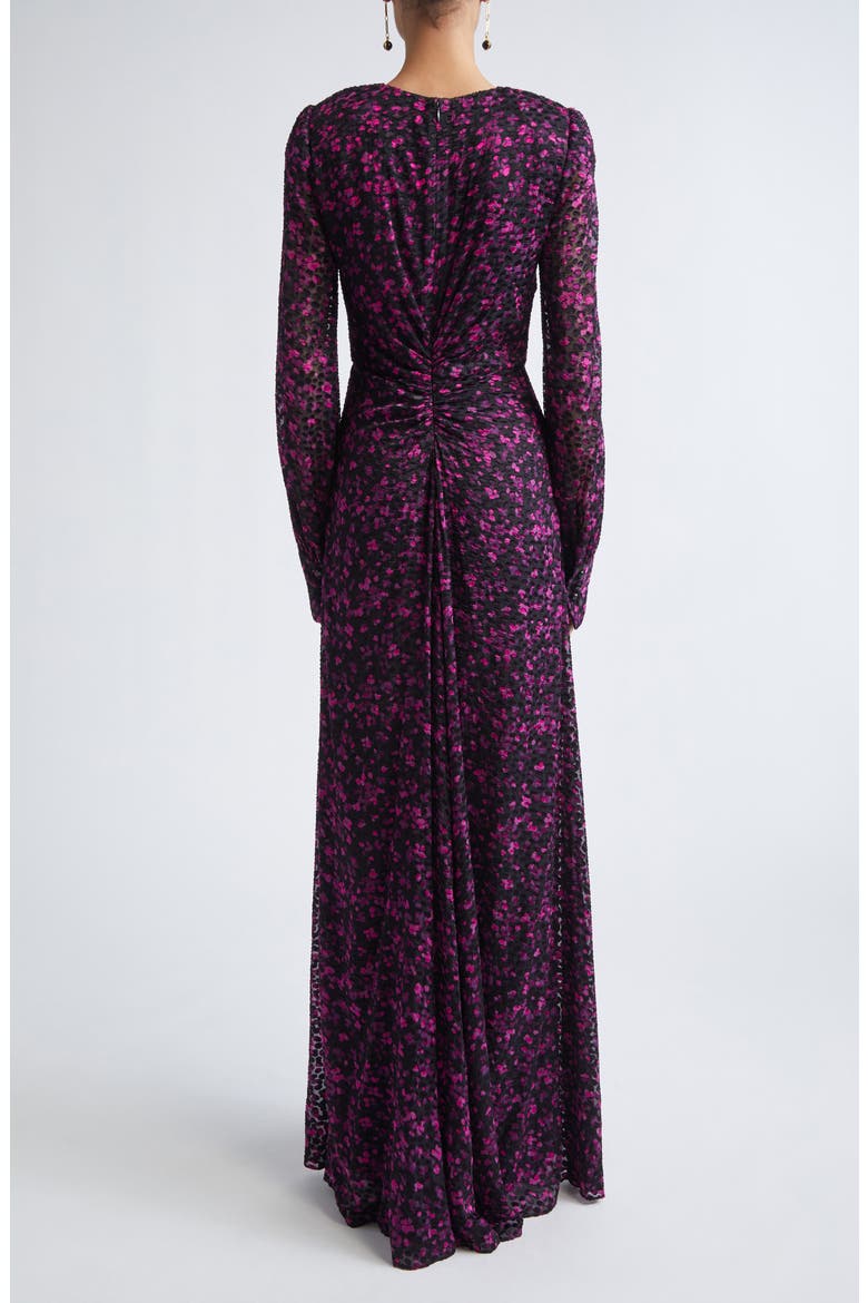 Long Sleeve Satin Leopard Jacquard Gown, Alternate, color, BLACK HOT PINK MULTI
