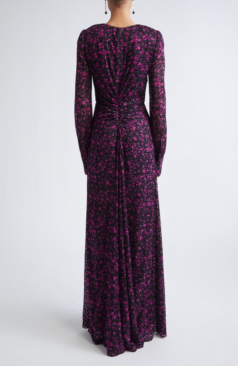 ST. JOHN Long Sleeve Satin Leopard Jacquard Gown, Alternate, color, Black Hot Pink Multi