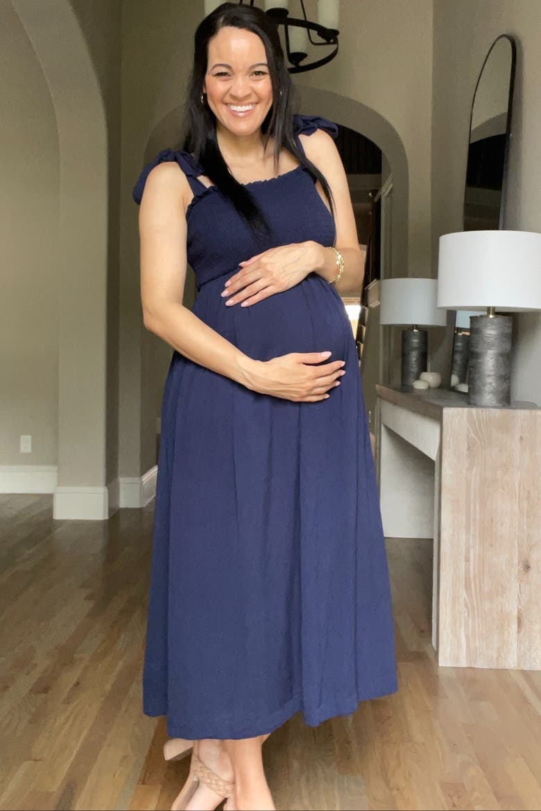 Smocked Tie Strap Midi Dress, Alternate, color, Navy Blue