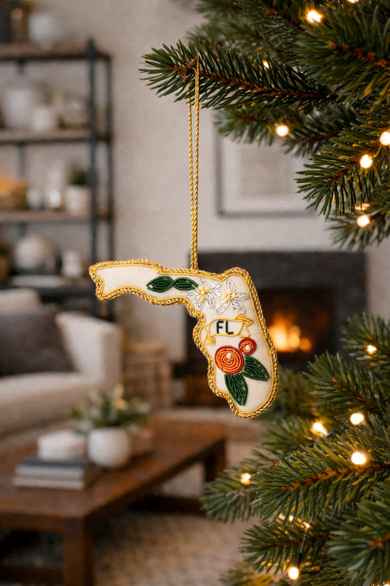 Florida State Orange Blossom Beaded Fabric Ornament - Embroidered, Alternate, color, Orange