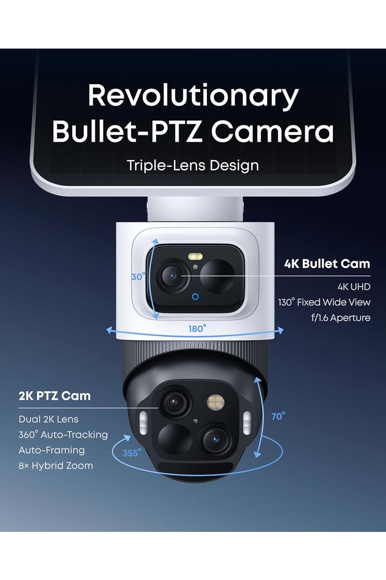 Cam S4 4K solar-powered triple-lens bullet-PTZ wireless outdoor security camera, Alternate, color, White