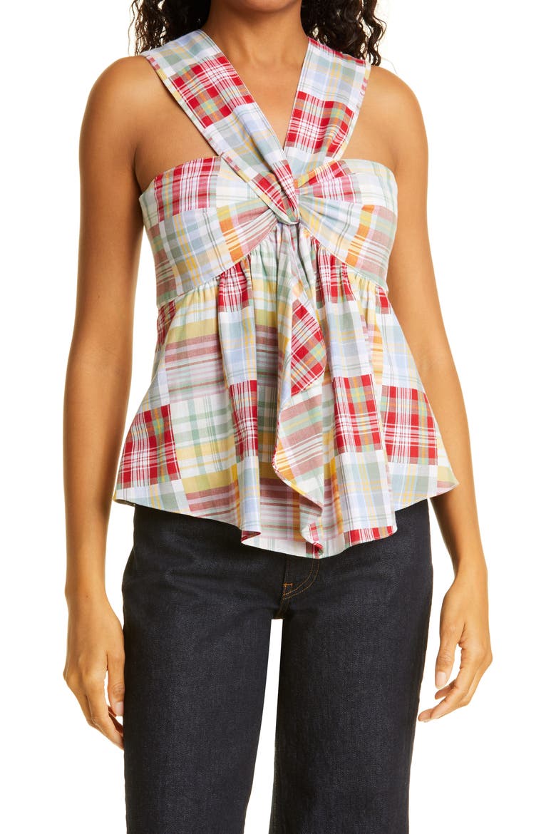 Lorine Twist Front Plaid Top, Main, color, MEADOW MULTI