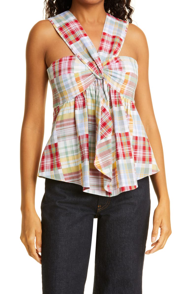 Cinq à Sept Lorine Twist Front Plaid Top, Main, color,