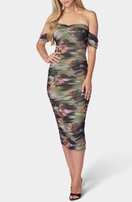 bebe Off-the-Shoulder Ruched Midi Dress