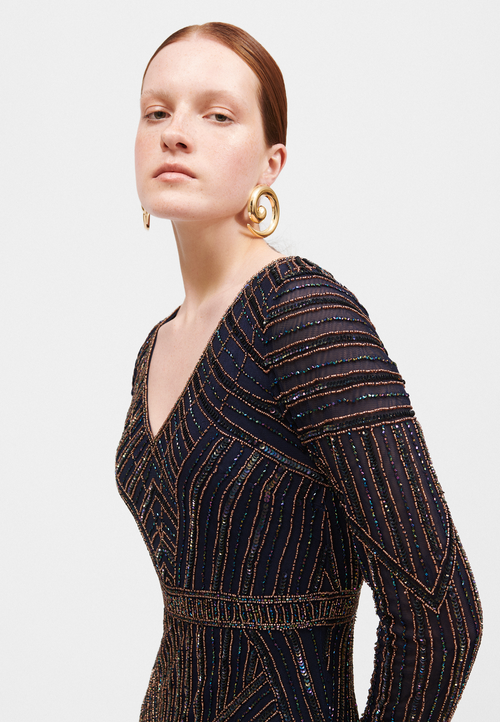Beauut Embellished Sequin Beaded V Neck With Long Sleeves Maxi Dress In Navy