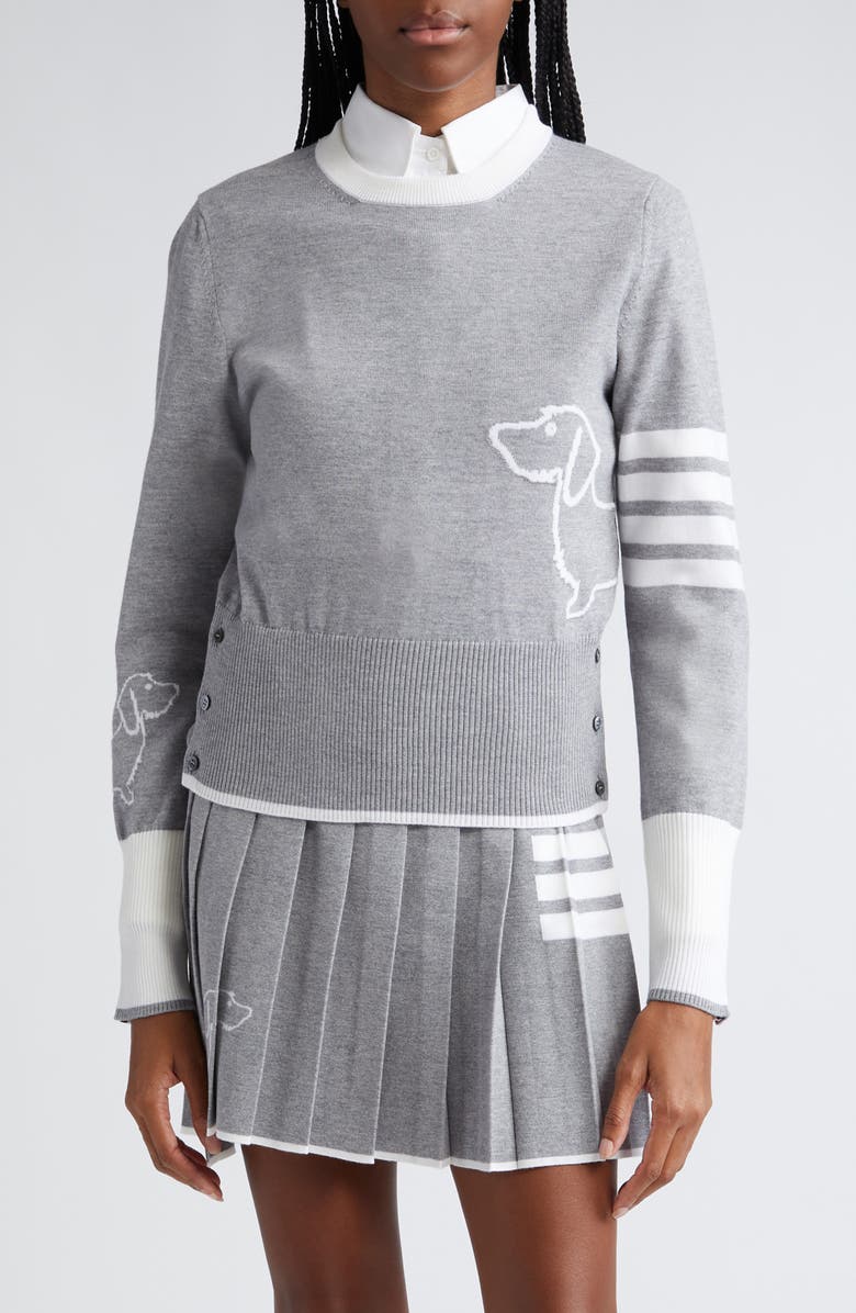 Thom Browne Hector Dog Intarsia 4-Bar Virgin Wool Crewneck Sweater, Main, color,