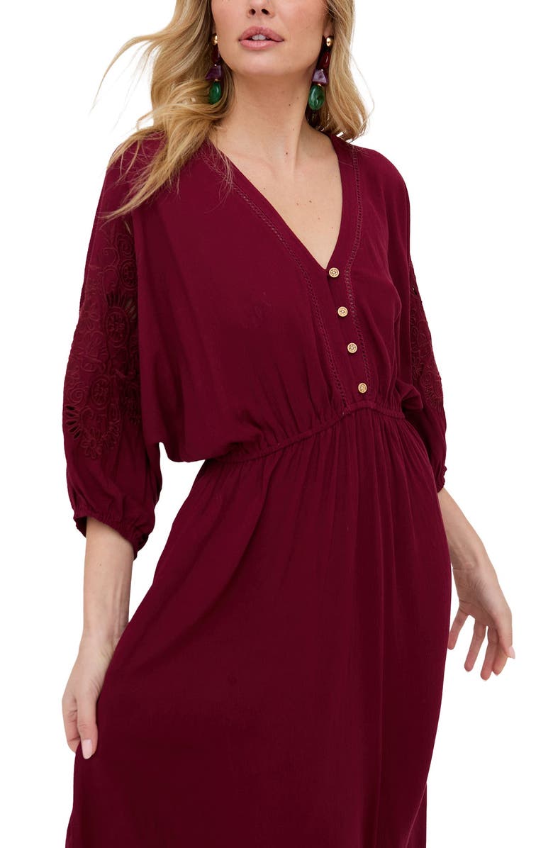 Raffya Somerton Kaftan Style Embroidered Maxi Dress, Alternate, color, Burgundy