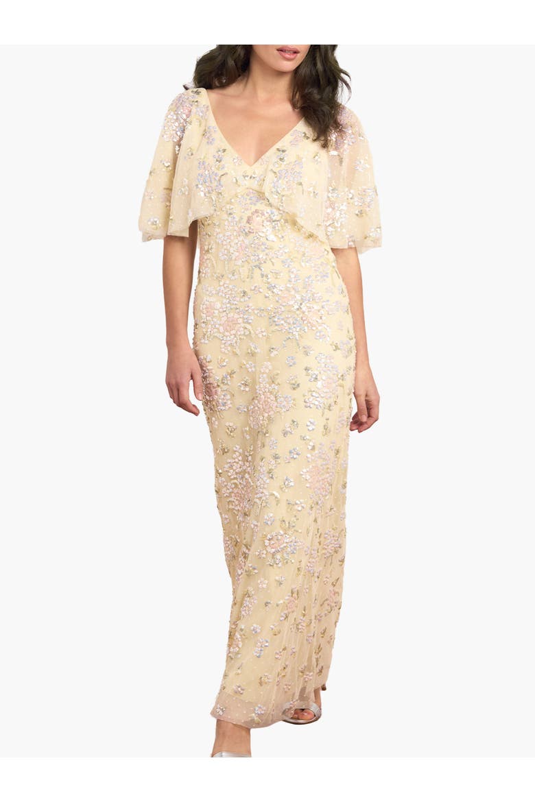 Peony Bouquet Sequin V-Neck Cape Gown, Main, color, Lemon Sorbet/Multi