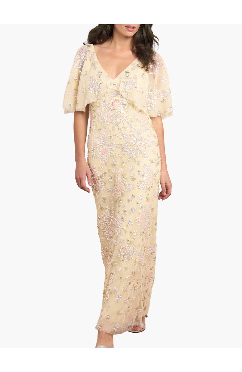 Needle & Thread Peony Bouquet Sequin V-Neck Cape Gown, Main, color, Lemon Sorbet/Multi
