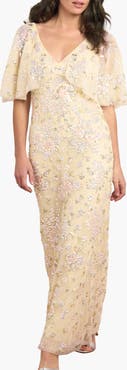 Needle & Thread Peony Bouquet Sequin V-Neck Cape Gown