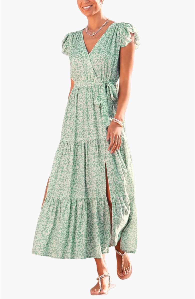 LASCANA Women's Flutter Sleeve Maxi Dress, Main, color, Green Patterned