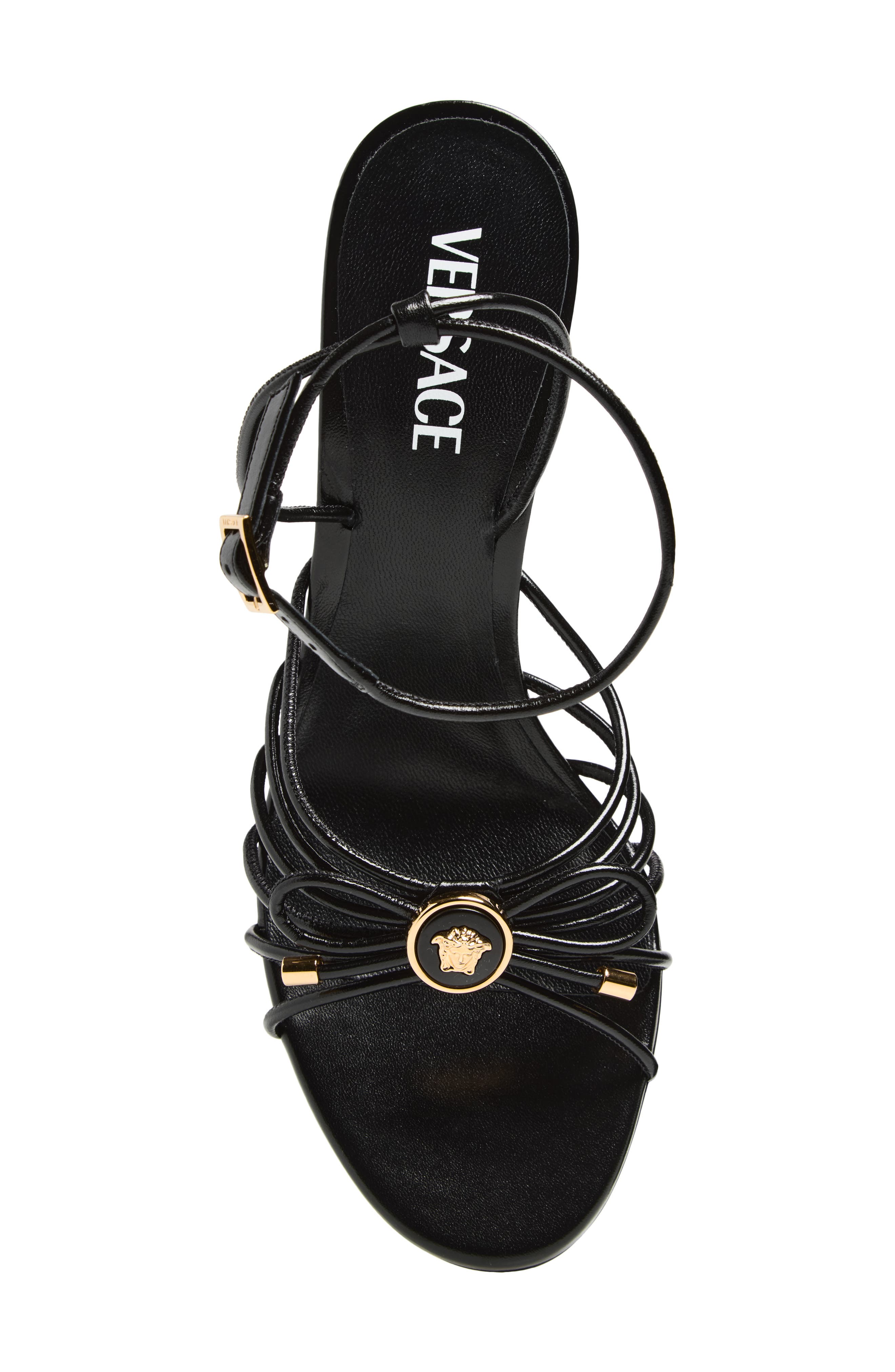 Versace Opera Bow Strappy Ankle Strap Sandal, Alternate, color, Black-Versace Gold