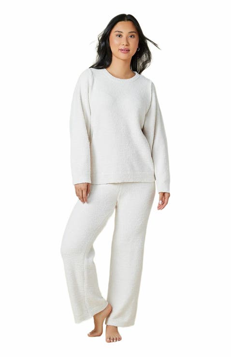 Solid Marshmallow Reverse Seam Crew Neck Lounge Set with Bracelet Sleeve