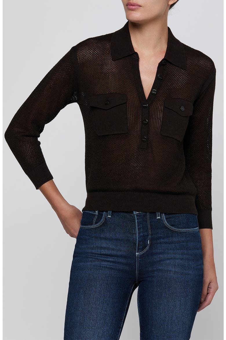 Carine Pointelle Polo Sweater, Main, color, COFFEE BEAN