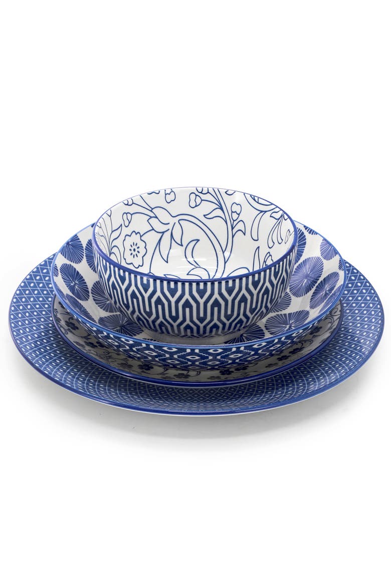 Aurora 16 Piece Porcelain Double Bowl Dinnerware Set, Alternate, color, Blue