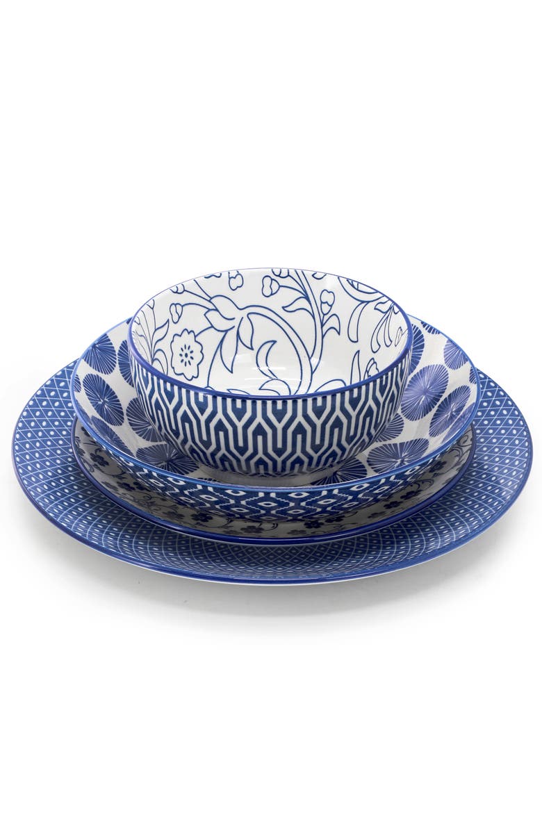 Elama Aurora 16 Piece Assorted Porcelain Double Bowl Dinnerware Set, Alternate, color, Blue