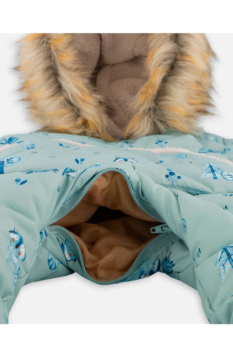 Deux par Deux Baby Boy's One Piece Baby Hooded Snowsuit Sage Printed Racoons Designed For Car Seat, Alternate, color, 