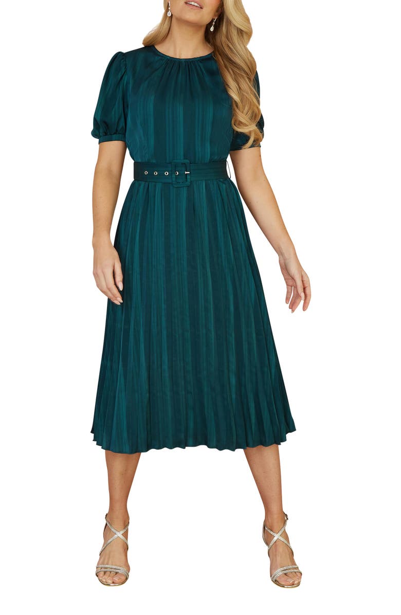 Yumi Satin Pleated Stripe Midi Dress, Alternate, color, Green