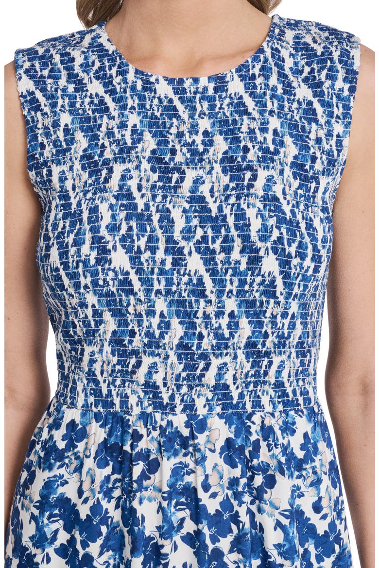 Floral Sleeveless Smocked Midi Dress, Alternate, color, WHITE/BLUE