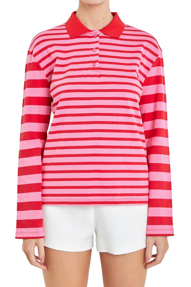 Stripe Long Sleeve Polo, Main, color, PINK/ RED