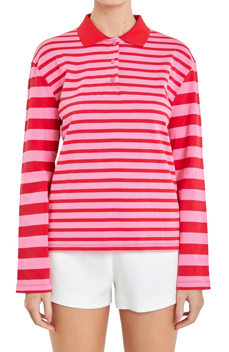 English Factory Stripe Long Sleeve Polo, Main, color, Pink/ Red