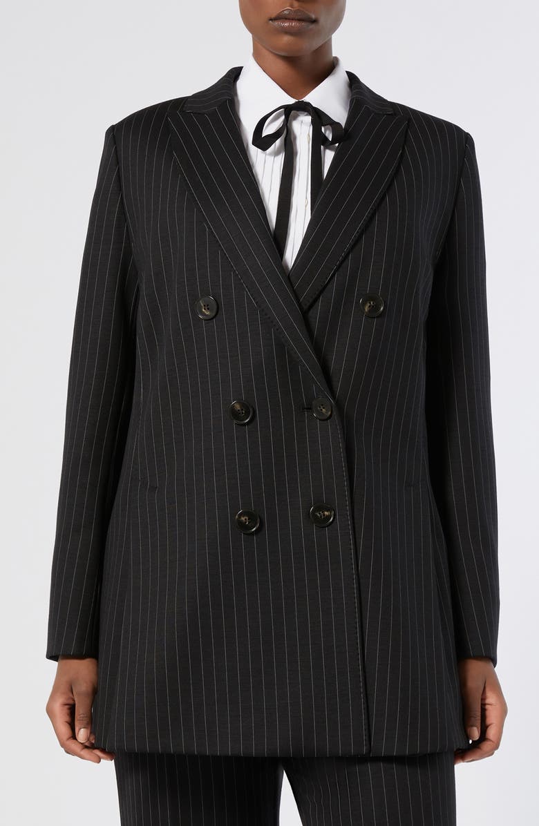 Marina Rinaldi Barbra Pinstripe Stretch Jersey Jacket, Main, color, Black
