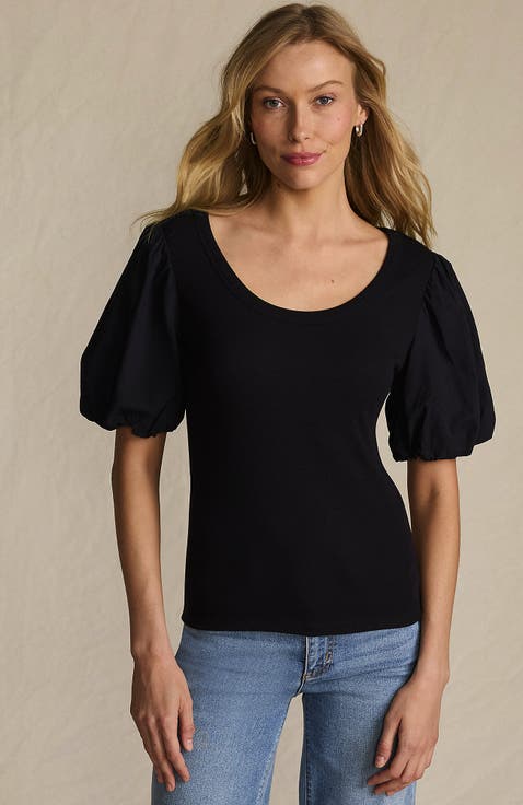 Drapey Rib Puff Sleeve Scoop Neck Top
