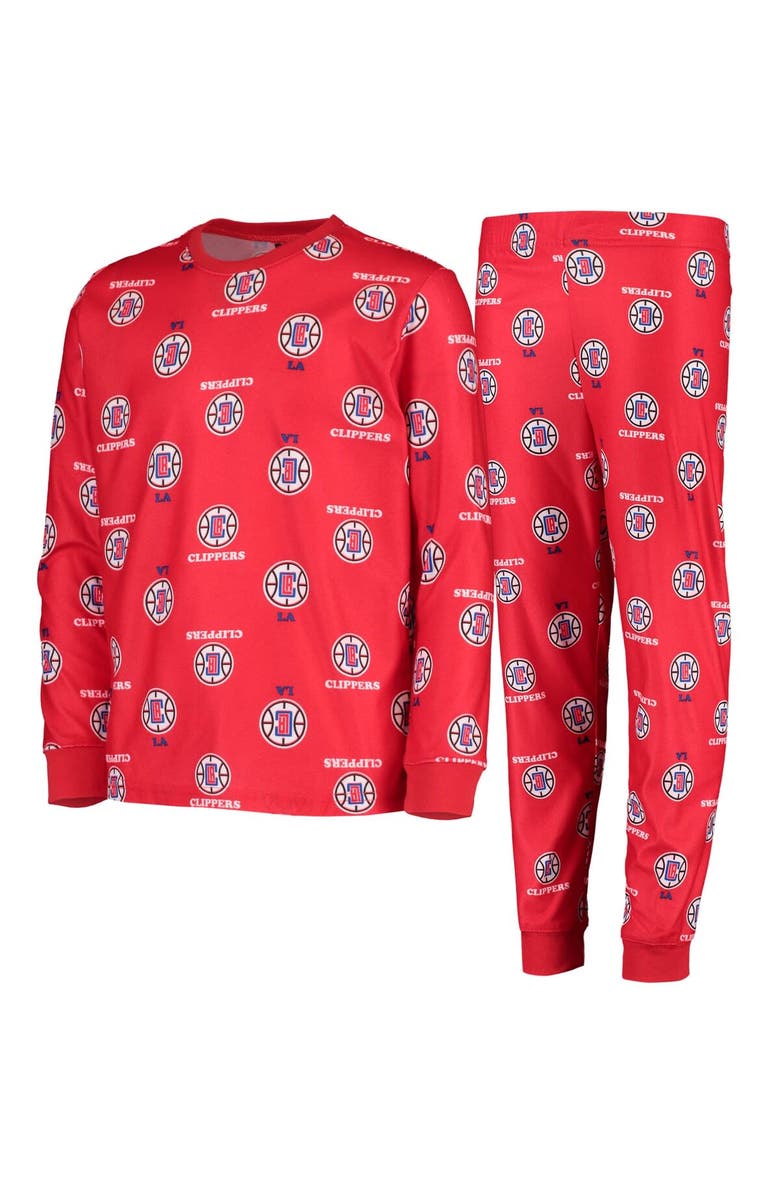 Outerstuff Youth Red LA Clippers Allover Print Long Sleeve T-Shirt and Pants Sleep Set, Main, color,