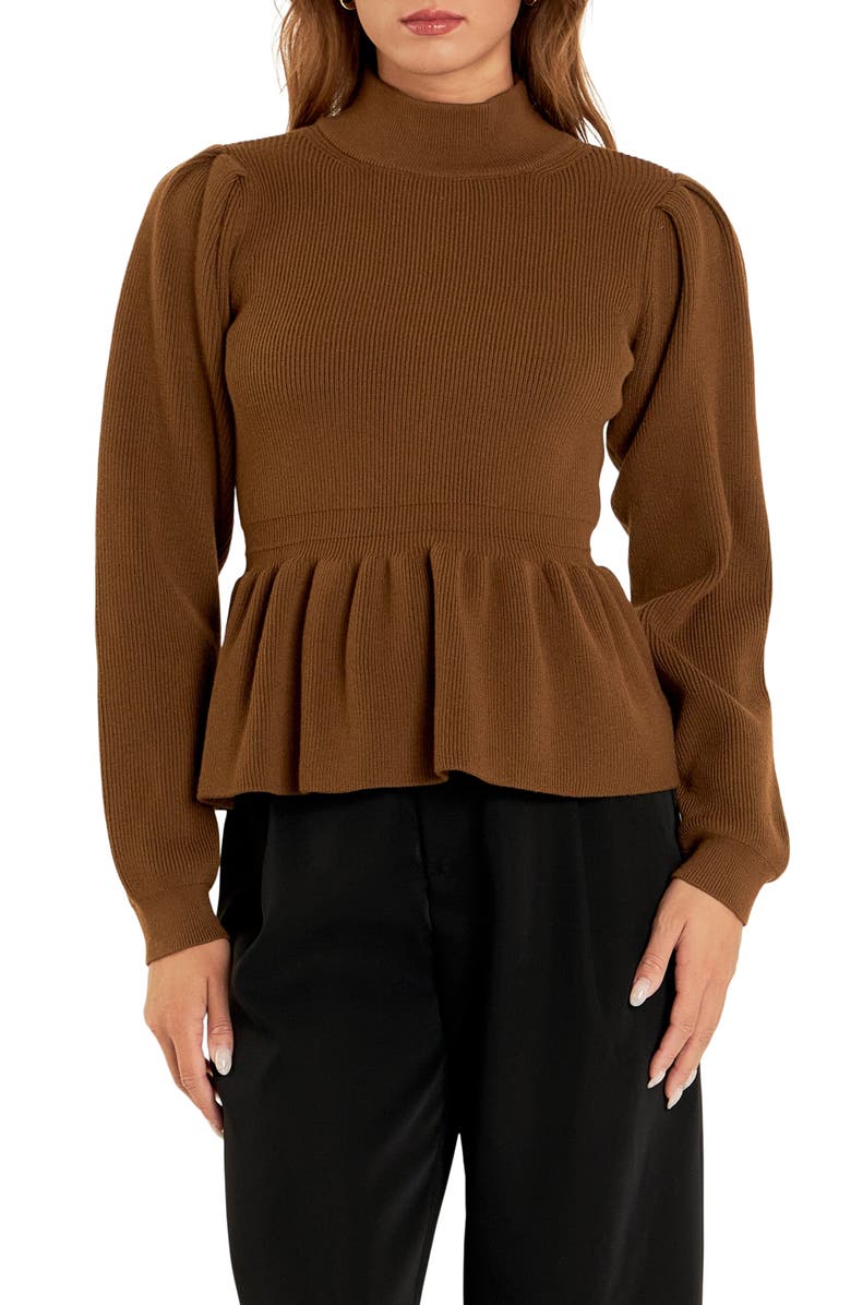 English Factory Mock Neck Peplum Rib Sweater, Main, color, Brown