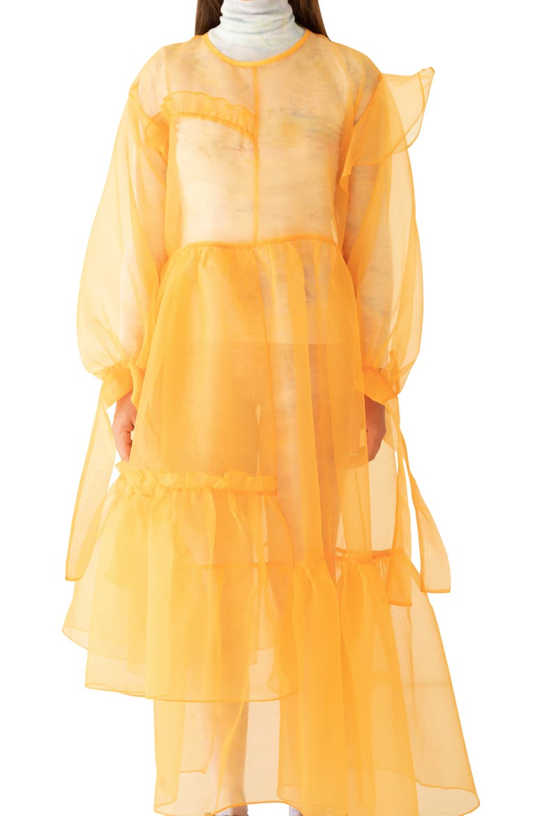 Nine Twenty-Seven Asymmetrical Ruffle Sheer Organza Dress, Alternate, color, WHEAT