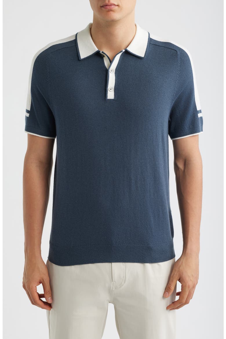 Brunswick Intarsia Stripe Wool & Cotton Polo Sweater, Main, color, STEEL BLUE/ WHITE