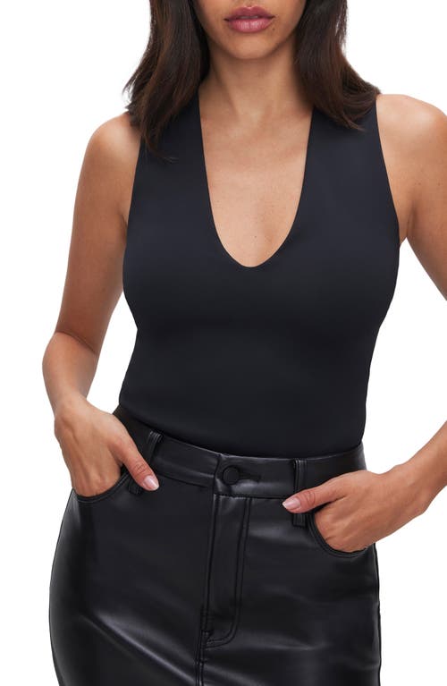Good American Deep V-Neck Scuba Knit Thong Bodysuit in Black001 at Nordstrom, Size 5X-Large