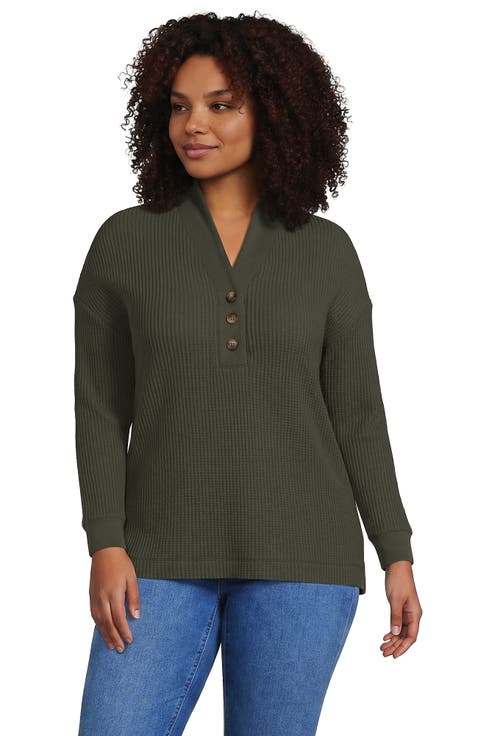 Plus Size Long Sleeve Waffle Shawl Collar Henley